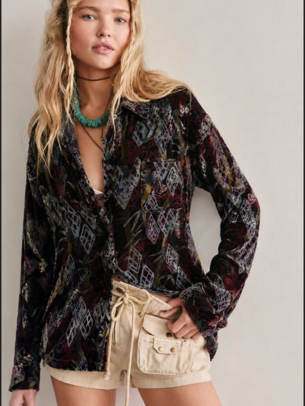 CHICO'S RAYON SILK VELVET GEOMETRIC BURN OUT SHIRT
